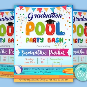 Pool Party Graduation Invitation, Kids Graduation Invites Pool Bash, Children's Pool Party Invite |Printable Graduation Template Pool Party