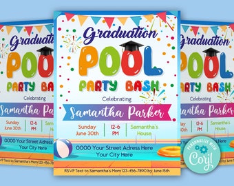 Pool Party Graduation Invitation, Kids Graduation Invites Pool Bash, Children's Pool Party Invite |Printable Graduation Template Pool Party