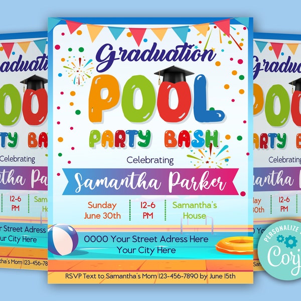 Pool Party Graduation Invitation, Kids Graduation Invites Pool Bash, Children's Pool Party Invite |Printable Graduation Template Pool Party