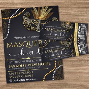 Masquerade Ball Invitation Ticket Bundle Template, Editable Masquerade Prom Flyer, Masquerade Theme Party Ticket, Junior Prom, Senior Prom