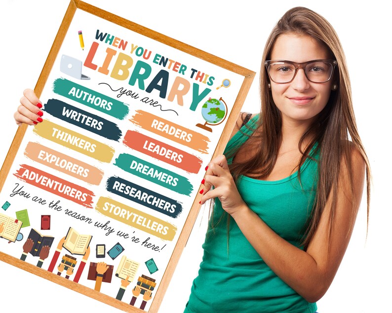 Library Sign Text Printable Library Sign, Boho Library Posters, Downloadable Watercolor ...