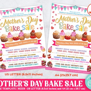 Editable Mother&#39;s Day Bake Sale Flyer, School PTO PTA Fundraiser Event, DIY Market Sale, Community Fair Flyer