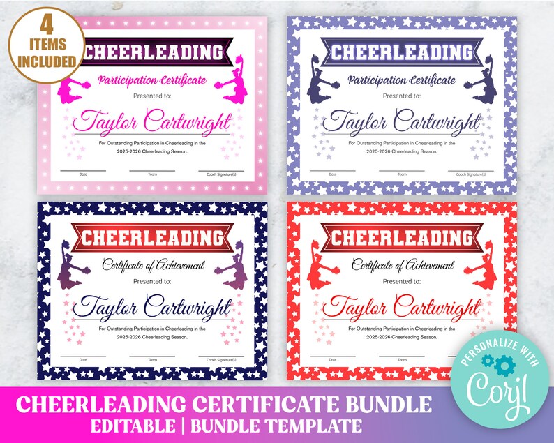 Editable Cheer Certificates Download Set of 4 Bundle, Cheerleader ...