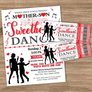 Editable Mother Son Sweetheart Dance Ticket and Flyer Bundle Template | School Dance Ticket | Valentine's Day Dance Invitation