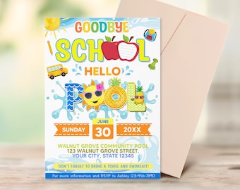 Editable End of School Pool Party Invitation, Goodbye School Hello Pool Invitation, End of School Year Party, Instant Download