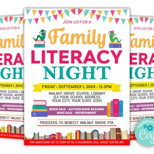 Editable Family Literacy Night Flyer, PTO PTA Reading Book Sale School Flyer, Book Fair School Church Flyer Printable, Digital Printable