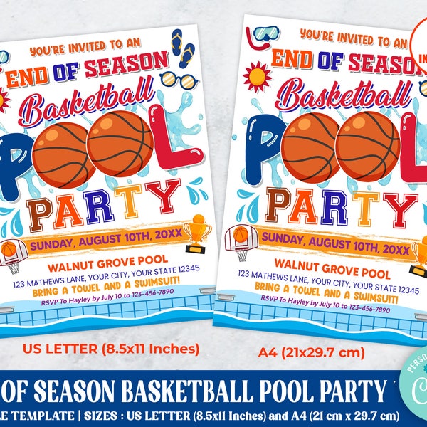 Editable End of Season Basketball Pool Party Invitation, Sports Pool Party Invite, Basketball Pool Bash, Party Flyer Template