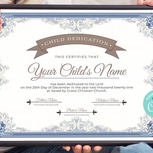 Child Dedication Certificate, Editable Blue & Brown Baby Dedication Certificate Template, INSTANT DOWNLOAD