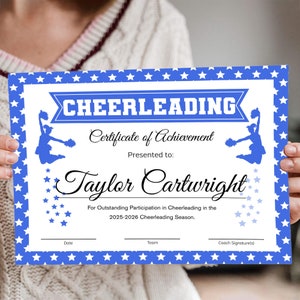 Editable Cheerleader Certificate, Royal Blue Cheer Certificates Sports Award, Cheerleader Award, Cheerleading Printable,