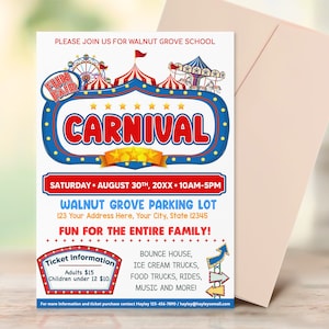 Editable Carnival Flyer Template, Circus Party Invitation, Carnival School PTA PTO Flyer, School Church Benefit Fundraiser Event Poster