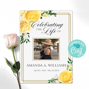 May include: A white memorial card with a gold border and yellow floral accents. The card features a photo of a woman wearing a hat and the text "Celebrating the Life of Amanda A. Williams April 02, 19XX - May 20, 20XX".