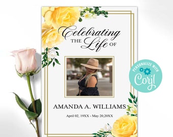 4 Page Editable Yellow Rose Funeral Program Template, Obituary Template Download