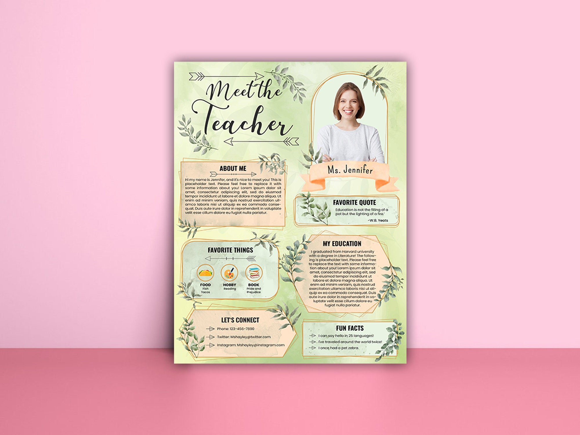 Meet the Teacher Editable Greenery Template, Photo Teacher Letter ...