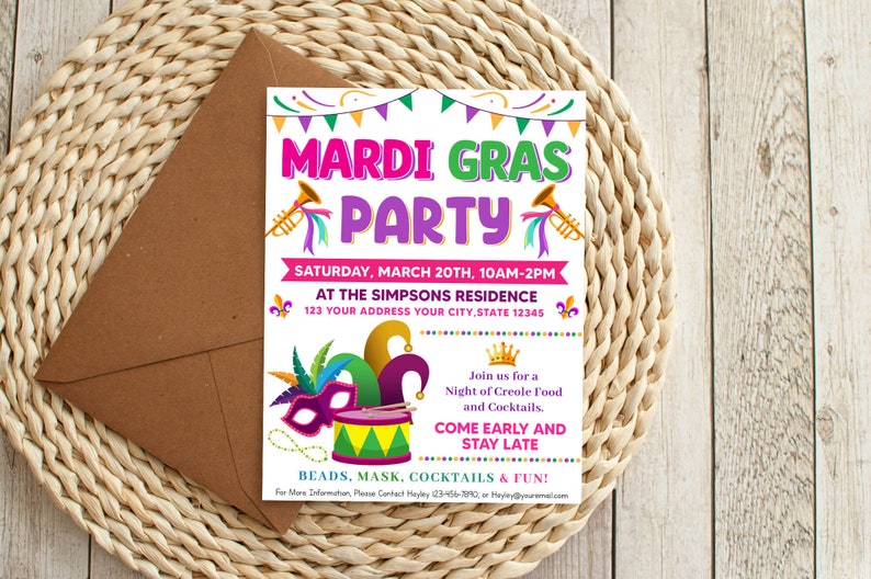 Mardi Gras Party Flyer Template, Editable Mardi Gras Celebration Invite