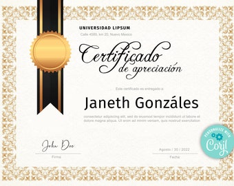 Certificado de Apreciación EDITABLE Elegant Design School Office Award Certificate Template | PRINTABLE & INSTANT Download