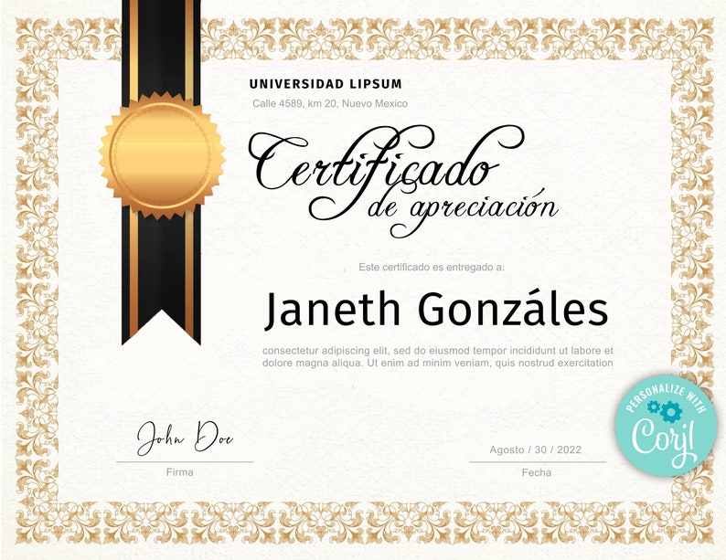 Certificado De Apreciación EDITABLE Elegant Design School Etsy