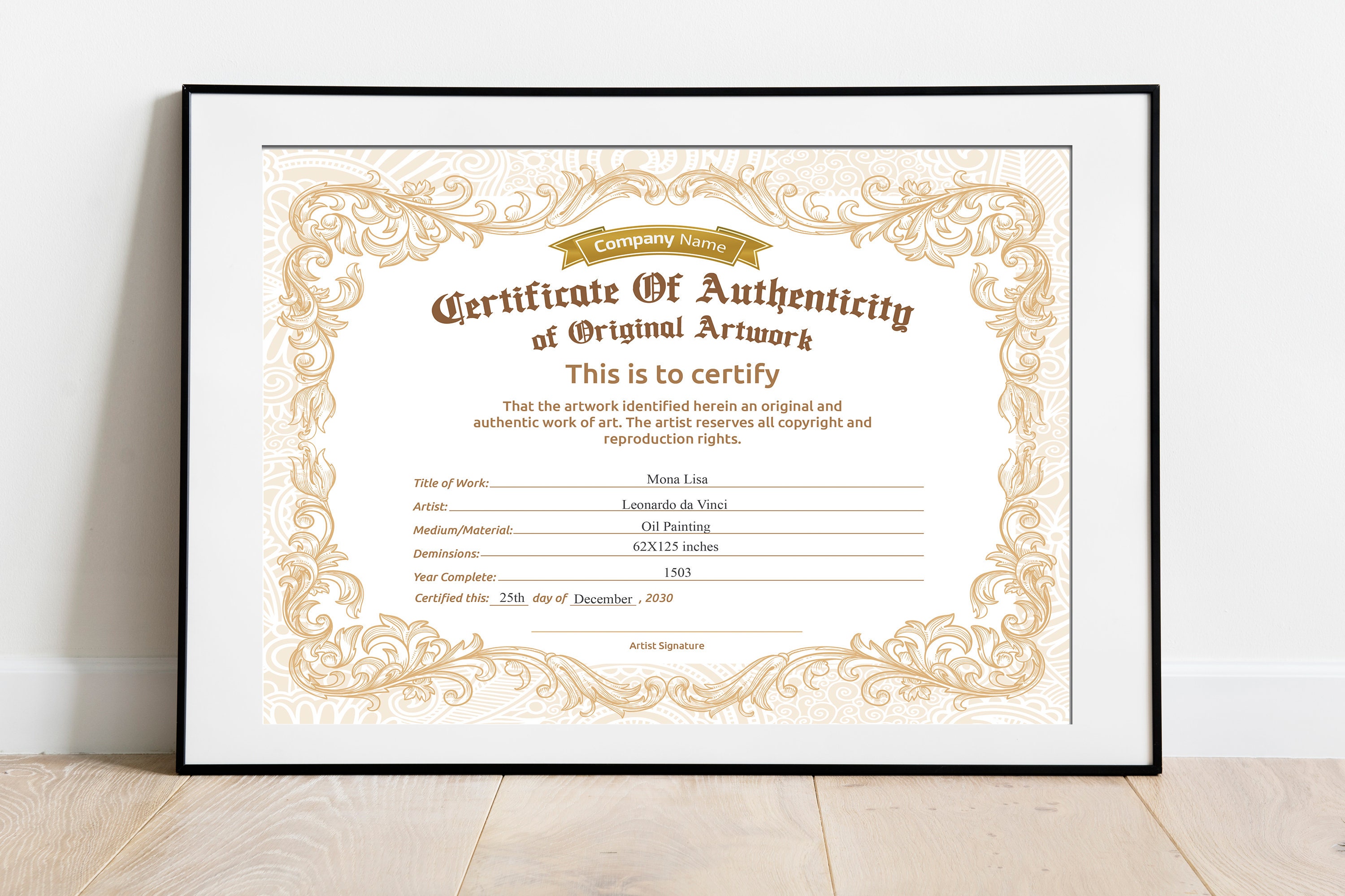EDITABLE Certificate of Authenticity for Artwork, Diy Authenticity