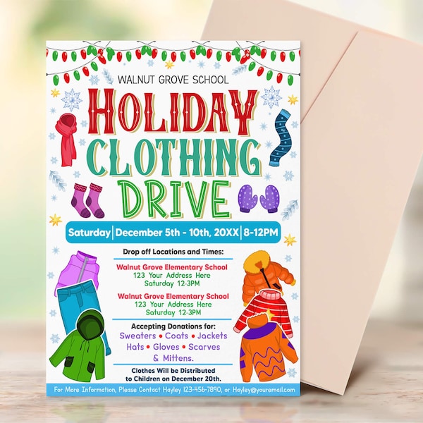 Holiday Clothing Drive Flyer, Editable PTA PTO Cold Weather Clothes Donations Template, Winter Charity School Church Fundraiser Invite