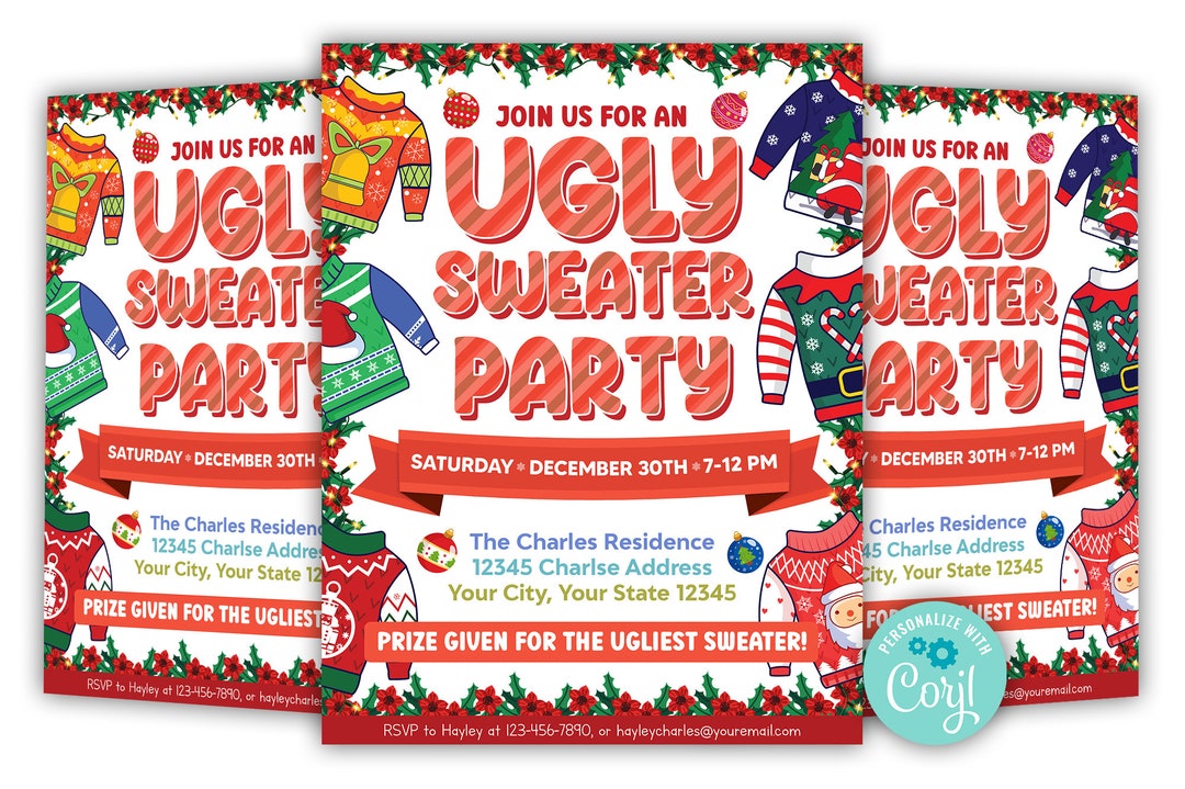 Colorful Ugly Sweater Party Invitation Template, Editable Ugly Sweater ...