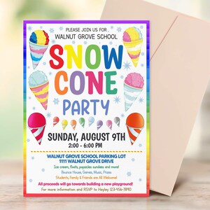 Editable Snow Cone Party Invite, Ice Cream Party Invite, PTO PTA School Flyer, Summer, Church, School Party Template,  Instant Download