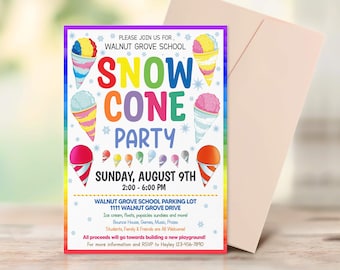 Editable Snow Cone Party Invite, Ice Cream Party Invite, PTO PTA School Flyer, Summer, Church, School Party Template,  Instant Download