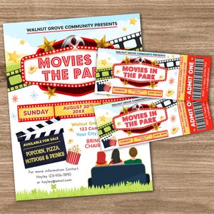 Editable Movies In The Park Ticket and Flyer Bundle Template, Community Benefit Fundraiser, Outdoor Movies in the Park,