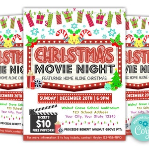 Editable Christmas Movie Night Flyer, Xmas School Church Benefit Fundraiser Event Poster, Holiday Cinema Party Invitation, PTA PTO Flyer