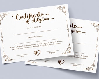 Plantilla de certificado de adopción en formato PDF, certificado de adopción de mascota en blanco para imprimir