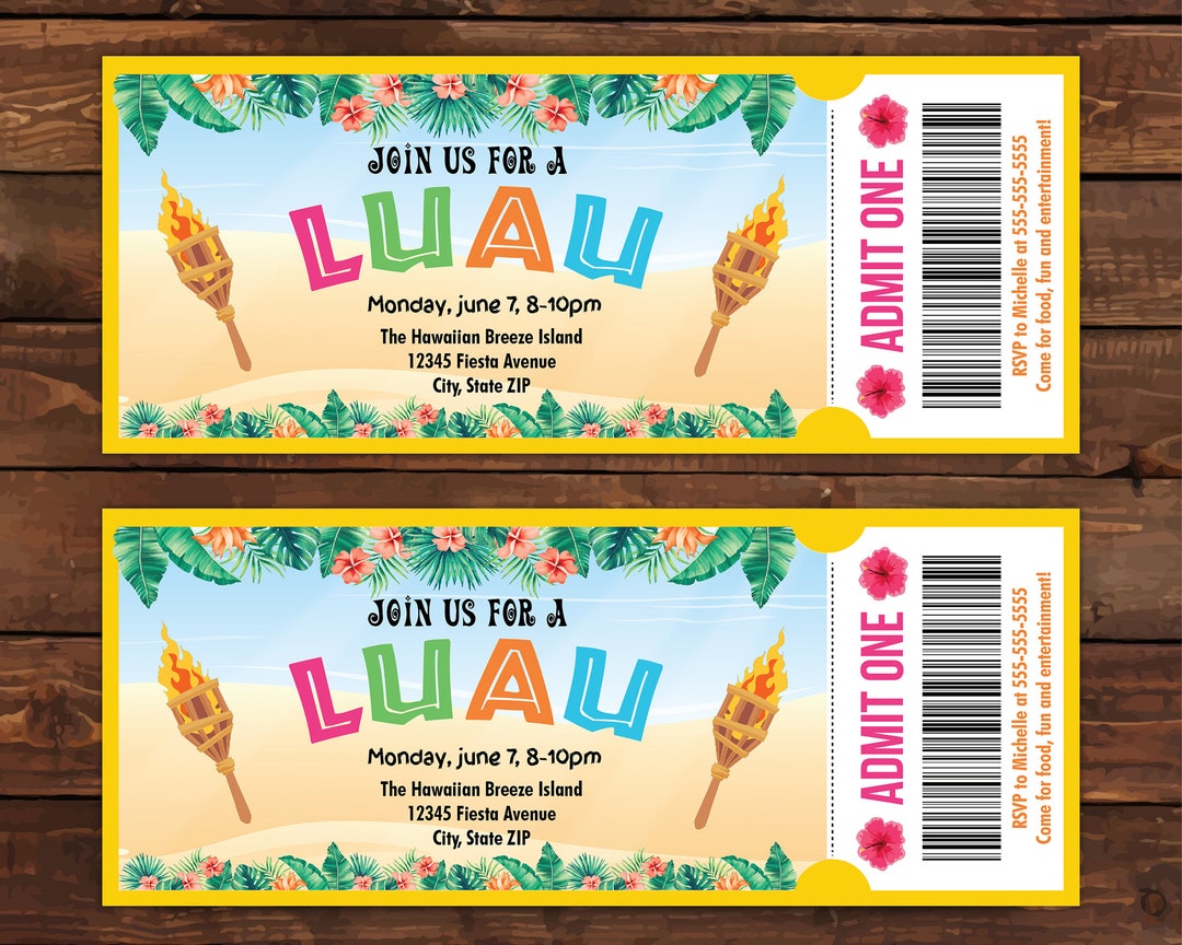 Editable Luau Ticket Invitation, Luau Party Invitations, Summer Party