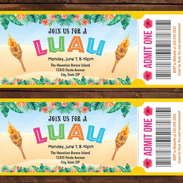 Editable Luau Ticket Invitation, Luau Party Invitations, Summer Party Invitation, Luau Invitation, Hawaiian Tropical Invitation