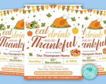Editable Thanksgiving Invitation, Friendsgiving Invite Flyer, Turkey Thanksgiving Printable Template, Instant Download