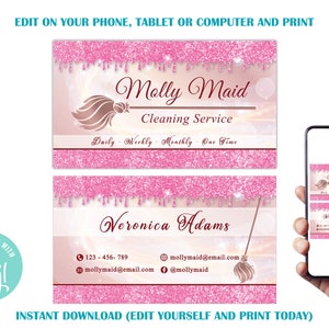 May include: Pink and gold business card template for a cleaning service called "Molly Maid". The card features a pink glitter background with a gold broom and the text "Molly Maid Cleaning Service" and "Daily - Weekly - Monthly - One Time". The card also includes the name "Veronica Adams", phone number, email address, and social media handle.