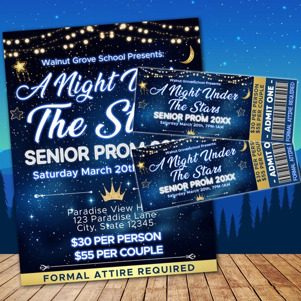 Editable A Night Under The Stars Prom Flyer and Ticket Bundle, School Dance Prom Set, Starry Night, Under the Stars, Paperless Post