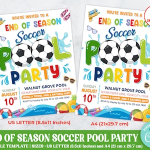 Editable End of Season Soccer  Pool Party, Sports Pool Party Invite, Summer Kids Pool Party, Pool Bash, Summer Party Flyer Template
