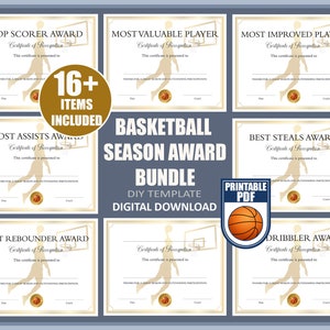 DIY Printable Blank PDF End of Season Basketball Award Certificates, 16 Award Ceremony Sports Certificates