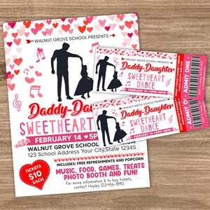 Daddy Daughter Sweetheart Dance Ticket Flyer Bundle Template, Editable School Valentine's Dance   Invite Ticket, Heart Day Dance Template