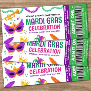 Editable Mardi Gras Celebration Ticket Template, Mardi Gras Party Ticket, Masquerade Theme Party, Masquerade Party Carnival,