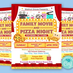 Editable Pizza and Movie Night Flyer Template, Cinema Movie Invitation, PTO PTA Flyers, School Church Benefit Fundraiser Event Poster,