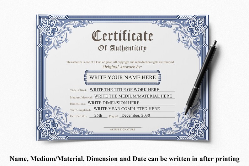 PRINTABLE Blank Certificate of Authenticity Blue DIY Etsy