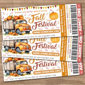 Editable Fall Harvest Festival Ticket Invite, Fall Event Party Ticket Template, Autumn School Church Community Fall Harvest Invitation Flyer