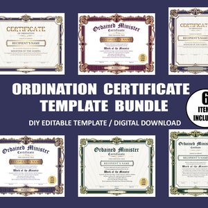 Editable Certificate of Ordination Template Bundle, 6 DIY Ordained Minister Certificates, DIY Church Printables