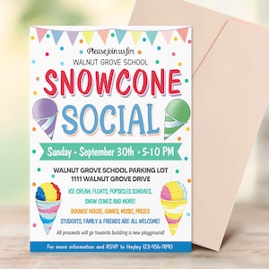 Editable Snow Cone Invitation, End of School Party, Ice Cream Party, PTO PTA Flyer Template, Fundraiser Invite, Instant Download