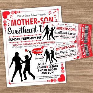 Mother Son School Sweetheart Dance Ticket and Flyer Bundle Template | Editable Valentine's Dance Invite Ticket | Heart Day Dance Event