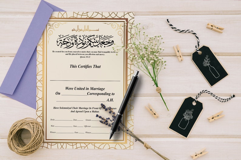 May include: A printable Islamic marriage certificate template with a gold and white design. The text "This Certifies That" is at the top of the document. The text "Were United in Marriage" is below the text "This Certifies That". The text "On" is below the text "Were United in Marriage". The text "Corresponding to A.H." is below the text "On". The text "Have Solemnized Their Marriage In Front Of Witnesses And Agreed Upon a Mahar" is below the text "Corresponding to A.H.". The text "Bride" is below the text "Have Solemnized Their Marriage In Front Of Witnesses And Agreed Upon a Mahar". The text "Groom" is below the text "Bride". The text "Witness" is below the text "Groom". The text "Witness" is below the text "Witness".