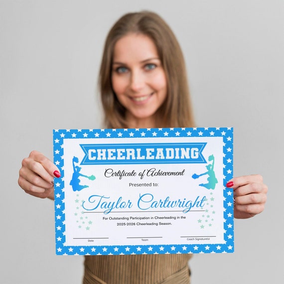 Editable Cheer Certificate Light Blue Cheerleading Gifts Award Editable Cheer Certificate Light Blue Cheerleading Gifts Award