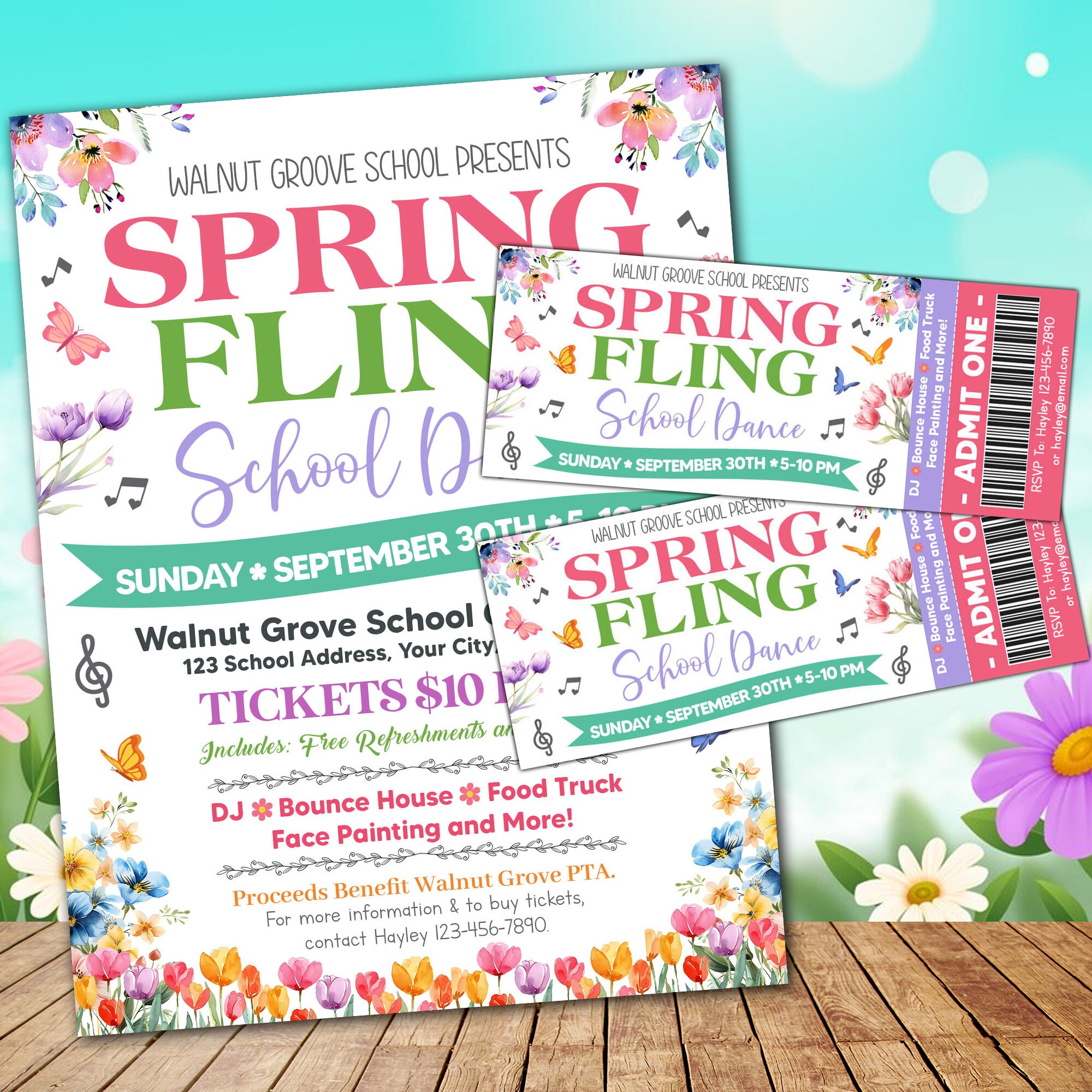 Editable Spring Fling School Dance Flyer and Ticket Bundle Template, Easter Event Party Set, PTO PTA School Event Template,
