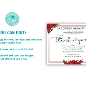 Sympathy Thank You Card, Red Rose Funeral Thank You Card Template ...