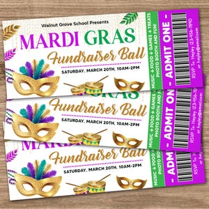 Mardi Gras Invitation Ticket Template, Masquerade Ball, Mardi Gras Class Party Invite, Pto Pta Event, Fundraiser Ball,