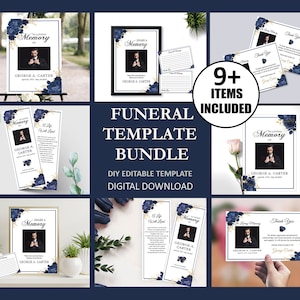 9 Piece Blue Obituary Template Bundle | 8 Page Obituary Template| Thank You Card | Funeral Sign | Funeral Share A Memory | Funeral Bookmark