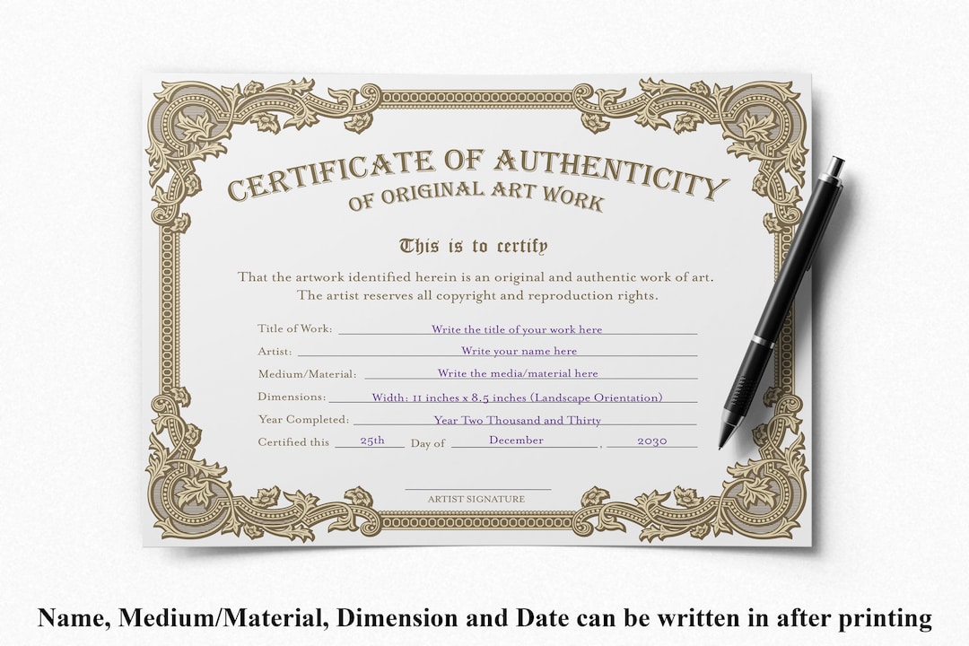 Printable Blank PDF Certificate of Authenticity for Artwork, Diy